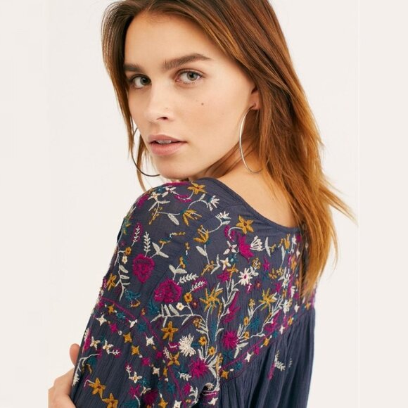 NWT Free People Wildflowers Indigo Blue Blouse‎ Floral Top Size XS Bohemian Boho - Picture 3 of 6